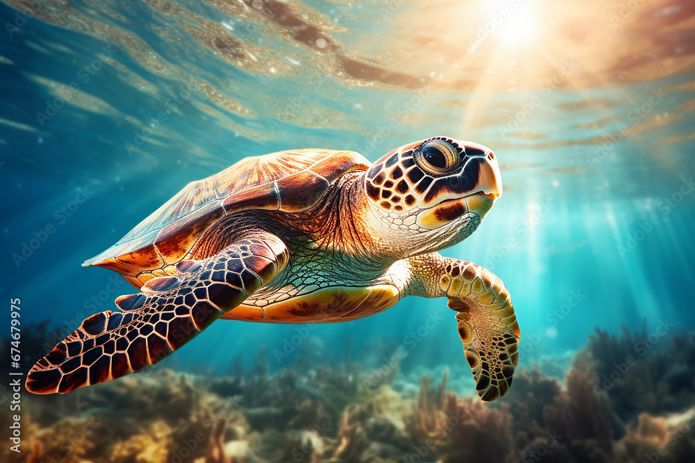 Obraz premium The sea turtle gracefully glides through the ocean, sunlight piercing through the water's surface, illuminating its path