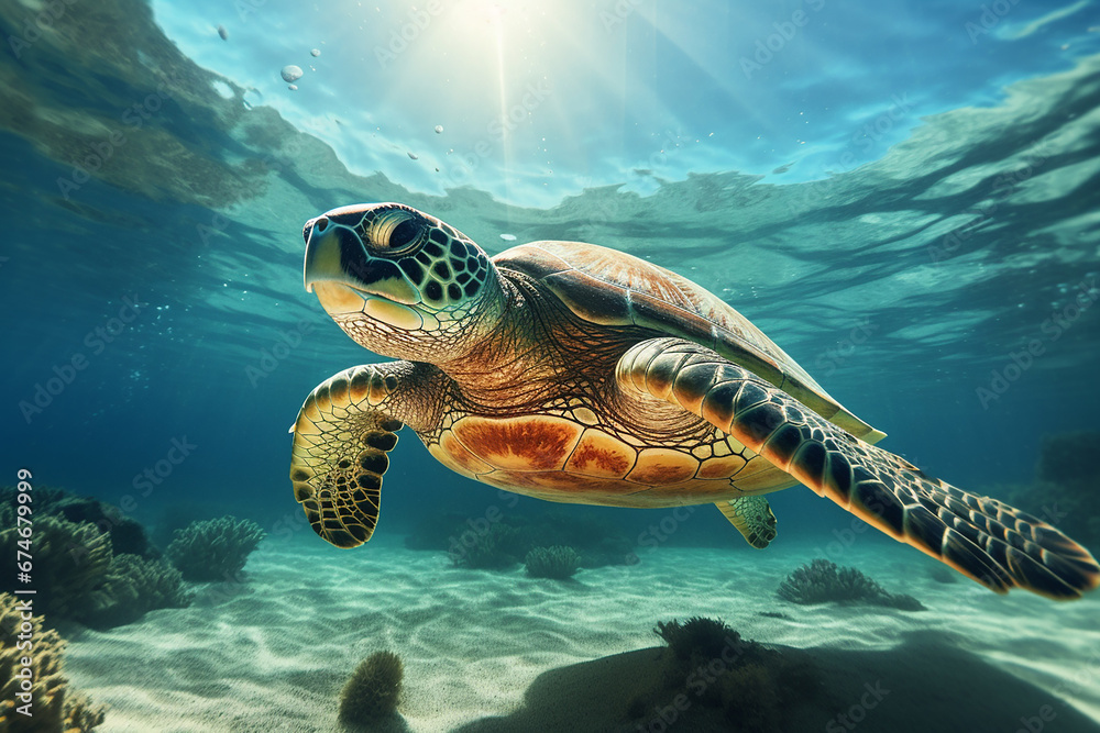 Fototapeta premium The sea turtle gracefully glides through the ocean, sunlight piercing through the water's surface, illuminating its path
