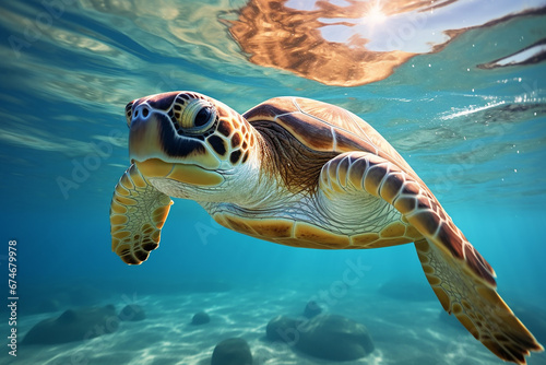 The sea turtle gracefully glides through the ocean, sunlight piercing through the water's surface, illuminating its path