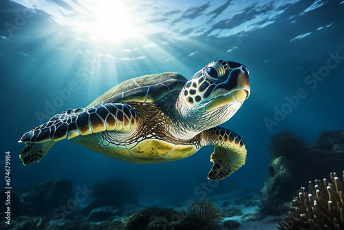 The sea turtle gracefully glides through the ocean, sunlight piercing through the water's surface, illuminating its path © Surachetsh