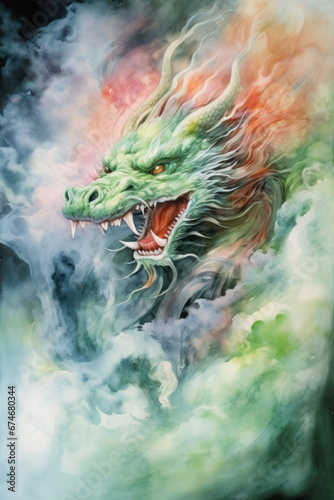 green Chinese dragon in the clouds or smoke. watercolor style, new year and horoscope. mythological animal. © Svetlana