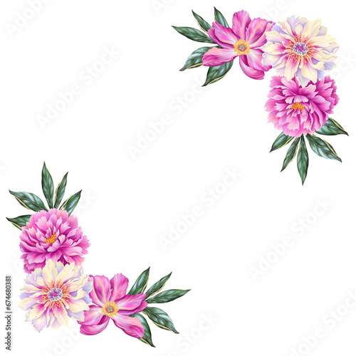 Template for text with beautiful peony. Frame or border with pink flowers with leaves. Realistic high quality botanical illustration for romantic pretty wedding invitation, greeting card, cosmetic.