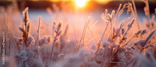 a close up of grass and snow