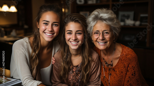 Portrait of two teenage sisters with their grandmother. Granddaughters. Photo of happy family. Family love. Family ties. Concept of love, affection, advice, stories, bond, hugs, teaching, 