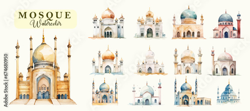 Watercolor Mosque collection set in Islamic Art Eid Mubarok, eid adha, eid fitr Hand draw decorative ramadan kareem vector illustration