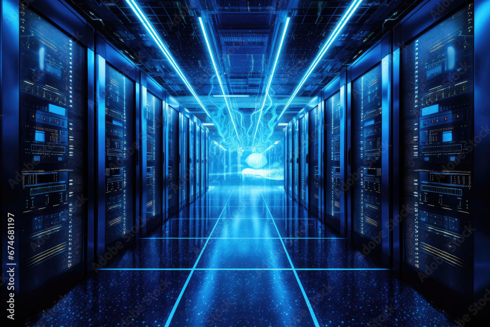 Blue Neon Lights in Modern Data Center Corridor Blue Neon Lights in Modern Data Center Corridor