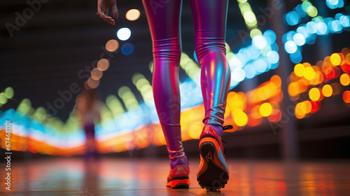 Close-up view of woman slim legs in leggins at the sity street, night lights background. Female fitness model training outside in the City. Generative AI