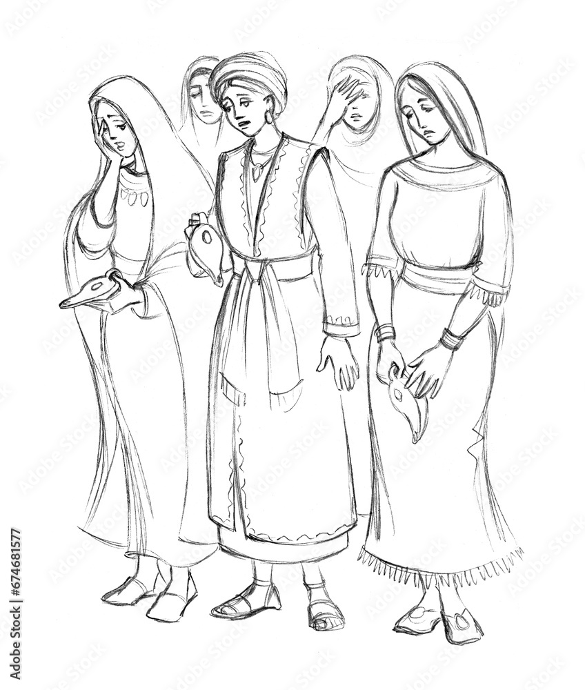 Five wise and five foolish virgins. Pencil drawing Five wise and five foolish virgins. Pencil drawing