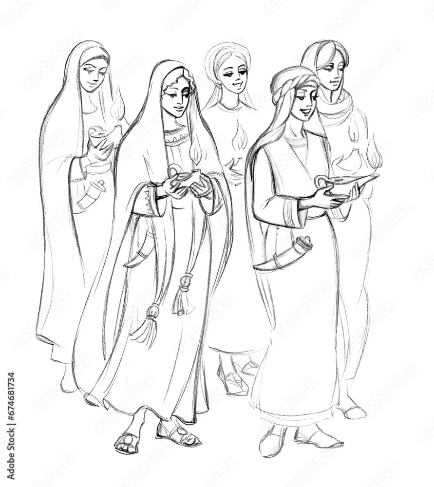 Five wise and five foolish virgins. Pencil drawing