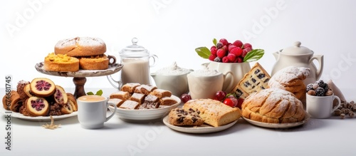 During the holiday season the retro white background of the breakfast table set a joyful Christmas ambiance as the aroma of freshly baked cakes and healthy breakfast foods such as milk tea a