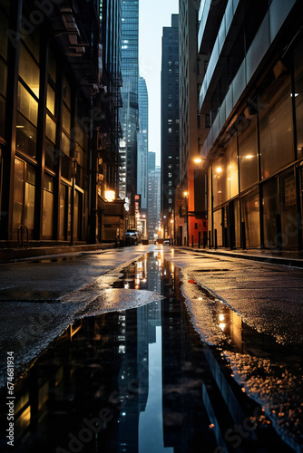 Narrow dark alley between skyscrappers in a big city after rain photo