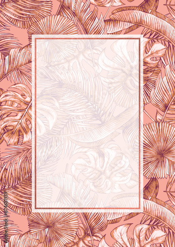 Rectangular A4 template for text with tropical palm monstera leaves. Frame or border with tropic motifs. Illustration for romantic pretty wedding invitation, greeting card, cosmetic, label design.