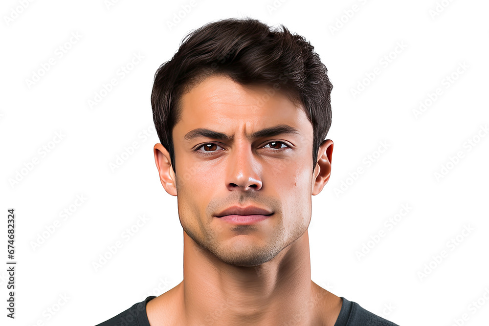 Fototapeta premium Studio portrait of upper half of a man showing facial expressions isolated on transparent png background. Human emotions, Face expressions.