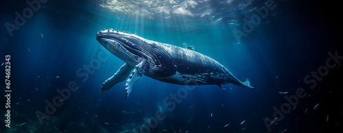 A gigantic humpback whale swimming under the aquatic ocean surface. Generative AI.