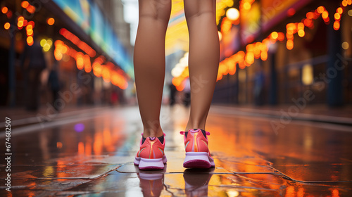 Close-up view woman foots in sneackers, at the sity street, night lights background. Female fitness model training outside in the City. Generative AI photo