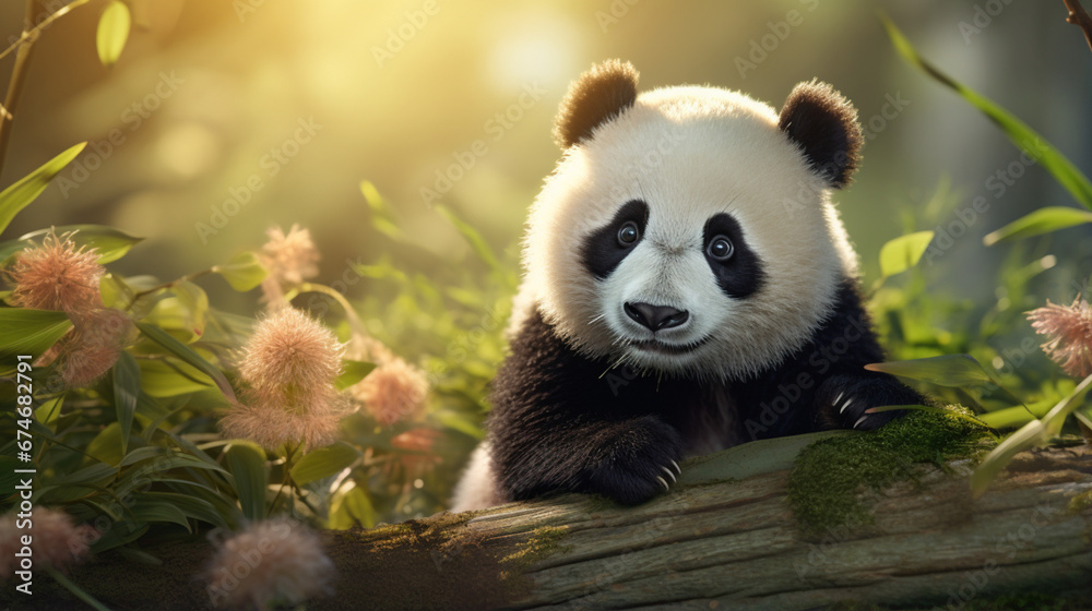 Obraz premium Cute baby panda on forest background. Generative AI