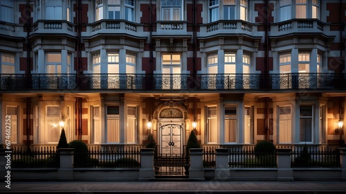 A view of the exterior of a residential building at night in London.