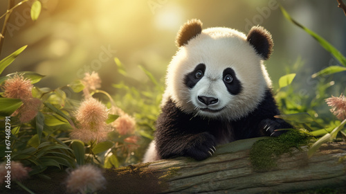 Cute baby panda on forest background. Generative AI