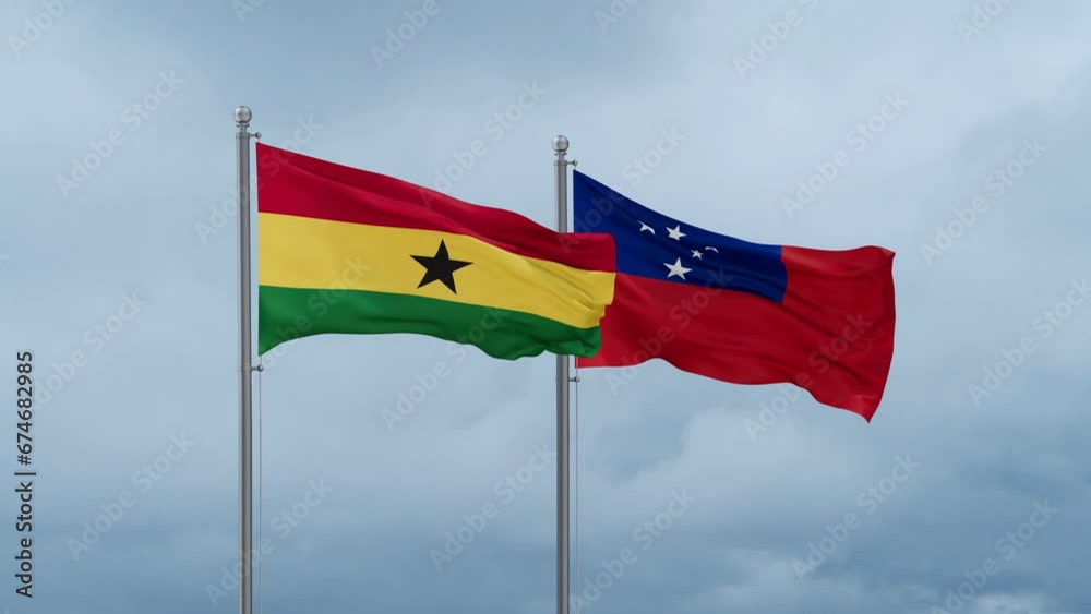 Samoa and Ghana flag waving together on cloudy sky, endless seamless loop, two country cooperation concept Samoa and Ghana flag waving together on cloudy sky, endless seamless loop, two country cooperation concept
