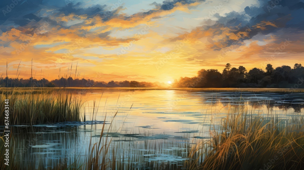 Obraz premium beautiful water morning sunrise landscape illustration green environment, tree sunlight, fog outdoor beautiful water morning sunrise landscape