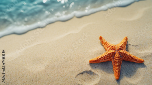 Starfish on beach background. Copy space. Generative AI