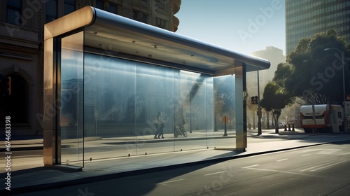a glass bus stop with a person walking on the side