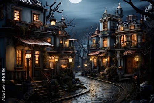 Houses in the old town at night with full moon, 3d render © Iman