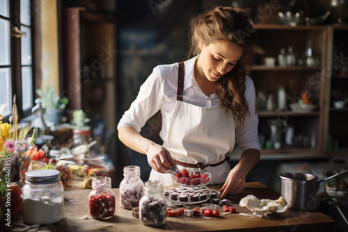 a female pastry chef prepares cakes