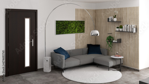 Interior design di un soggiorno con verde stabilizzato come cornice, listelli di legno .Interior design of a living room with stabilized greenery as a frame, wooden slats and lamp. photo