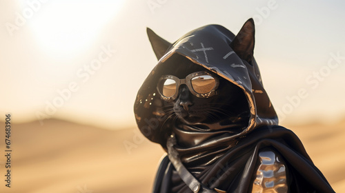 Cute cat in stylish costume and sun glasses. Generative AI