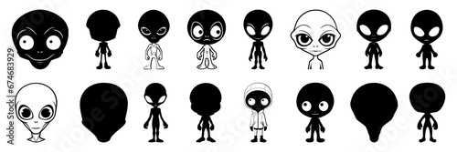 Alien silhouettes set, large pack of vector silhouette design, isolated white background