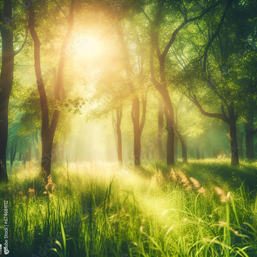 Autumn sunlight in a spring green forest
