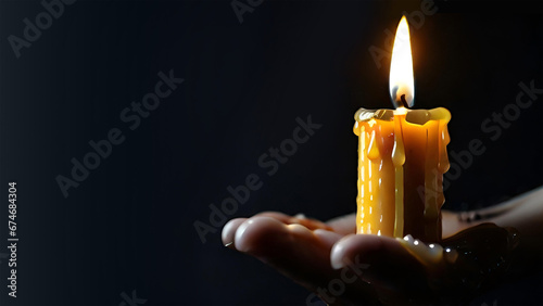 Burning candle in hand. The wax drips off. Concept Pray, We Remember.