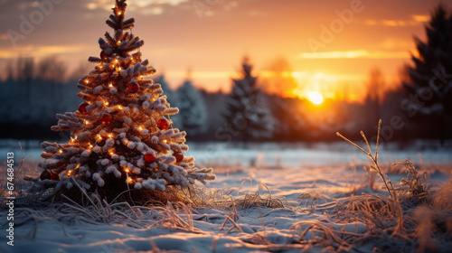 Beautiful sunset view of outdoor Christmas decoration with snow and Christmas trees. © Renrae