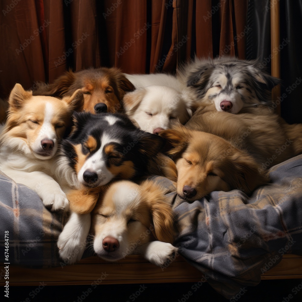 a group of dogs lying on a bed