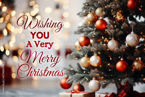 Wishing you a very Merry Christmas text with beautiful Christmas decoration background
