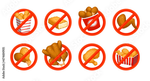 Fast food fried chicken crossed red frame forbidden sign set isometric vector illustration