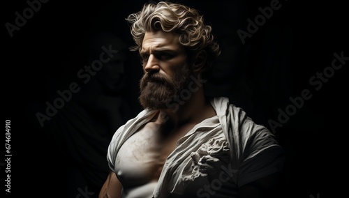 male model statue, roman strength, strong look, man, jock, strongman, wallpaper, pure black background, plaster, man in white, god, deity, majestic, history, modeling, strength, man with beard, gym