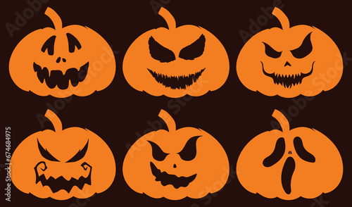 Halloween Pumpkin Set. Smiling cartoon lantern faces. Helloween holiday characters in the shape of pumkin. Flat illustrations