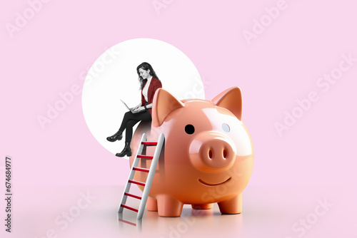 Businesswoman with laptop on a stack of sitting at a piggy bank in living room background. Success Concept. Art collage.