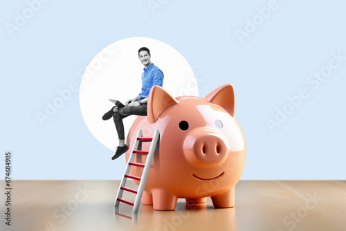 Businessman with laptop on a stack of sitting at a piggy bank in living room background. Success Concept. Art collage. photo
