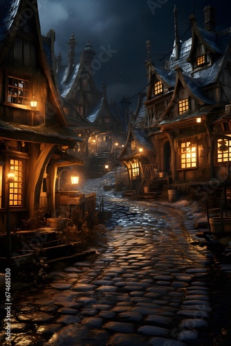 Mysterious old town at night. 3D rendered illustration. © Iman
