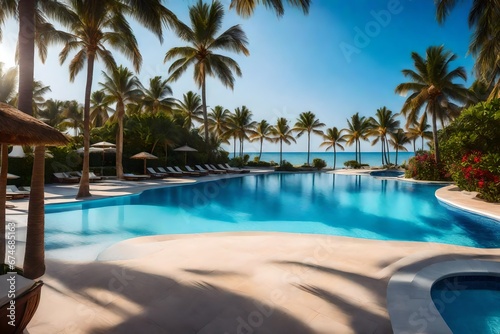 Featuring palm trees  a blue sky  and a luxurious swimming pool  there is also a beach and a sea nearby