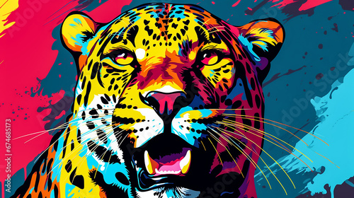 Portrait of a leopard in the style of pop art. The power and strength of a beautiful predator. Expressive look. Bright  saturated colors. Copy space. Close-up.