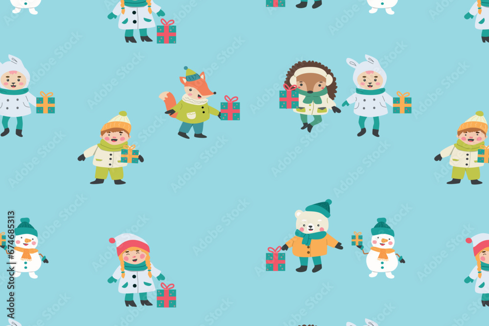 seamless pattern with cartoon winter characters