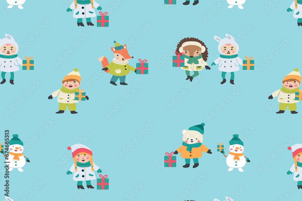seamless pattern with cartoon winter characters seamless pattern with cartoon winter characters