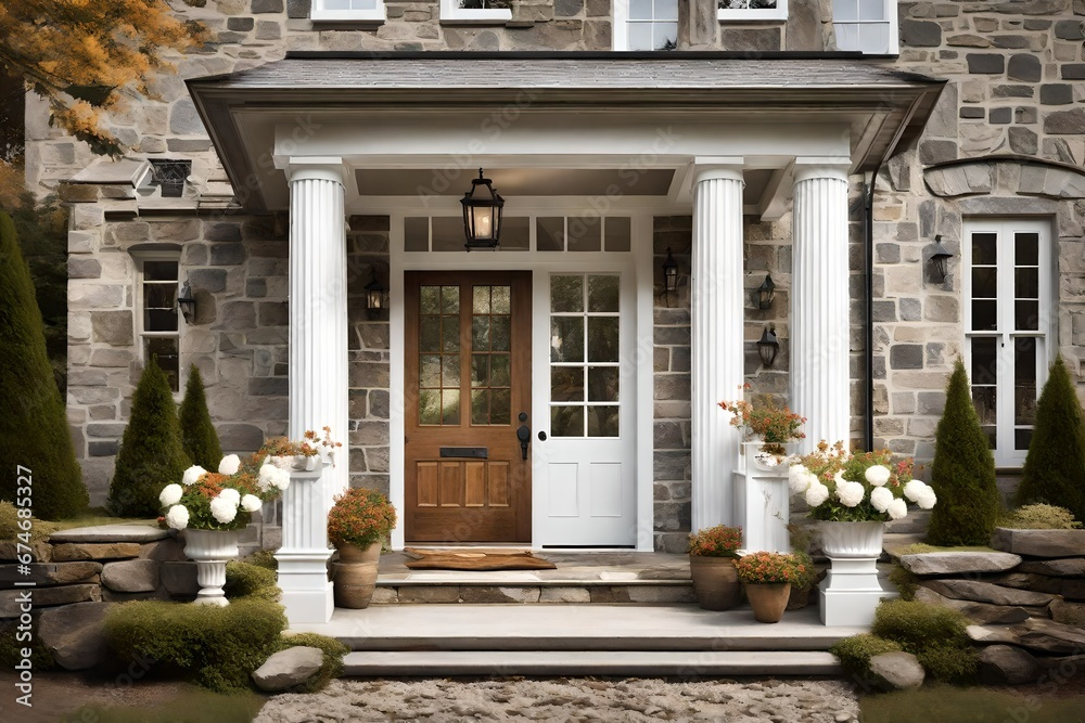 Front door of the home. a wooden front entrance with a landing and a gabled porch. Georgian-style cottage's exterior features white columns and stone siding