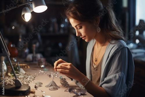 a jeweler girl creates jewelry in a home workshop photo