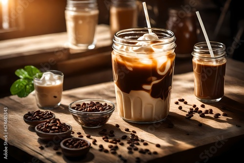 Glass of a iced coffee with cream milk. Cold brew coffee drink with ice. Early morning sun light