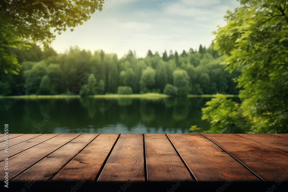 wooden table on the background of a forest lake, background for presentation wooden table on the background of a forest lake, background for presentation